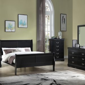 Black Louis Philippe Queen Bed, Dresser, Mirror, Chest, & Nightstand Set