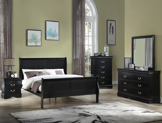 Black Louis Philippe Queen Bed, Dresser, Mirror, Chest, & Nightstand Set