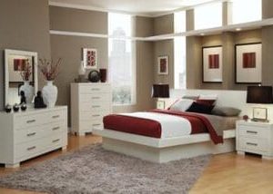 Jessica White California King Size Platform Bed, Dresser, Mirror, & Nightstand Set