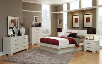 Jessica White California King Size Platform Bed, Dresser, Mirror, & Nightstand Set