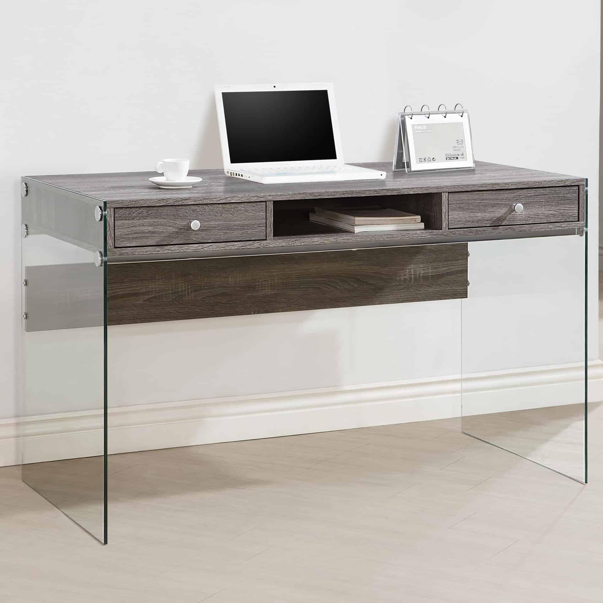 Weathered Grey Modern Computer Desk with Glass Sides
