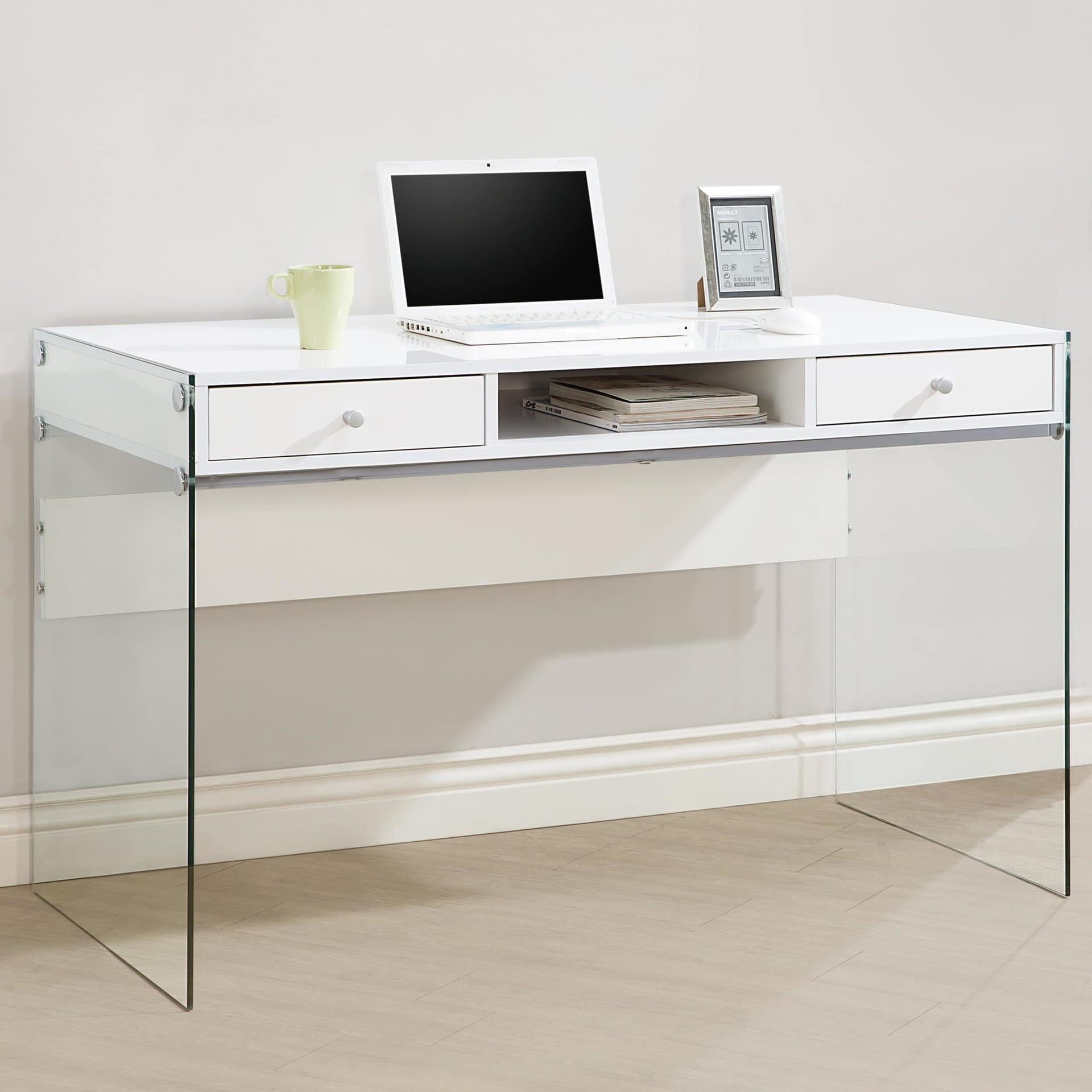 White Modern Computer Desk with Glass Sides