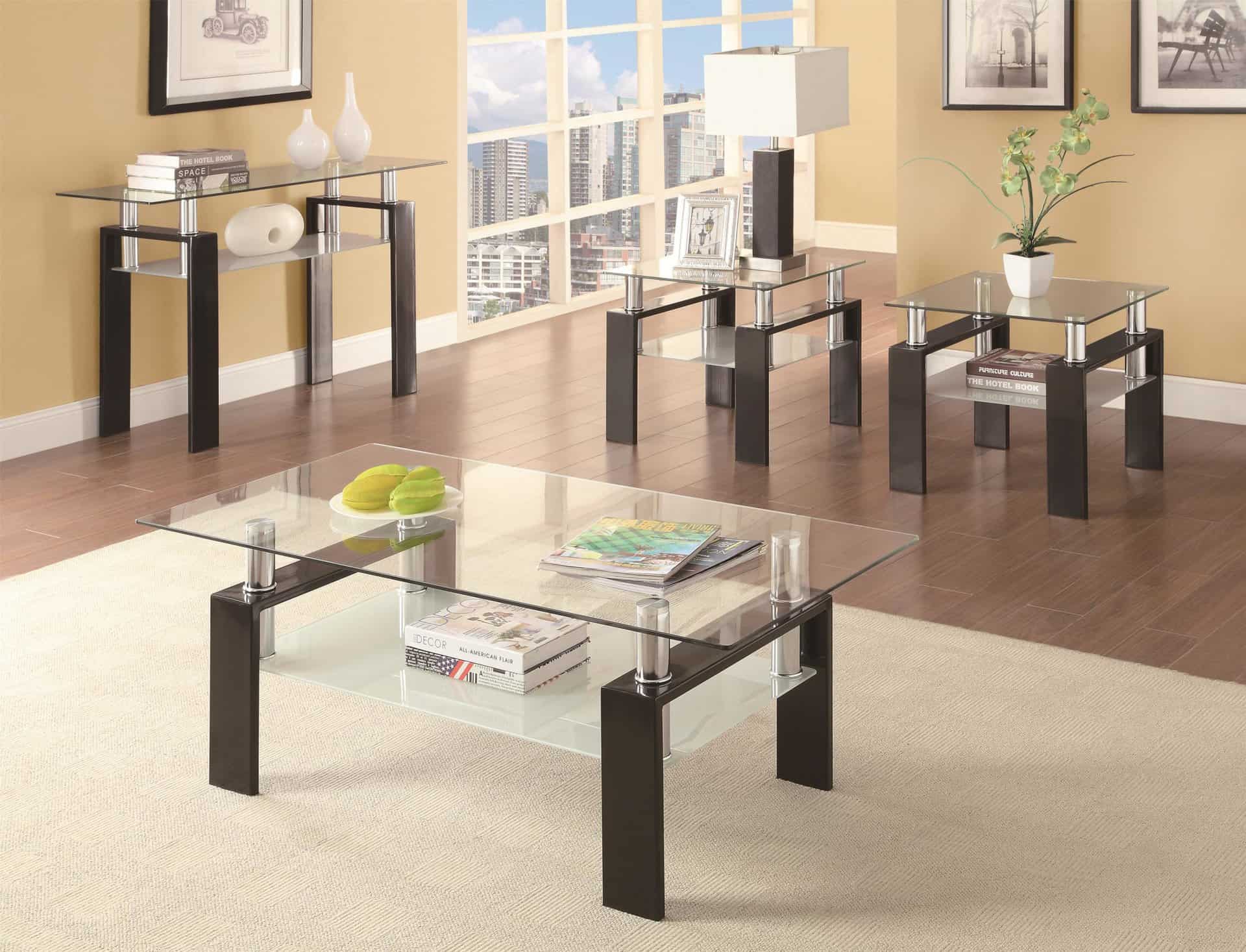 Black Metal and Glass Coffee Table & End Tables Set