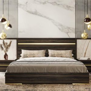 Nova Domus Velondra - Queen Modern Eucalypto + Marble Bed with Two Nightstands