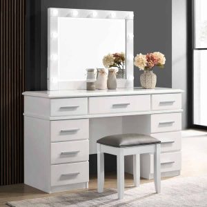 Felicity 9-drawer Vanity Desk with Lighted Mirror Glossy White and Stool
