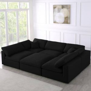 Serene Black Linen Textured Deluxe Modular Down Filled Cloud-Like Comfort Overstuffed Sectional