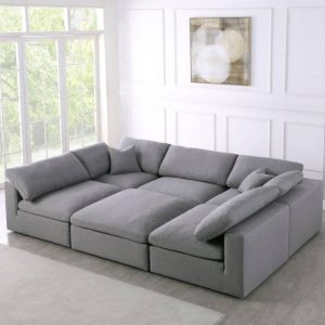 Serene Gray Linen Textured Deluxe Modular Down Filled Cloud-Like Comfort Overstuffed Sectional