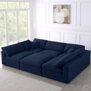 Serene Blue Linen Textured Deluxe Modular Down Filled Cloud-Like Comfort Overstuffed Sectional