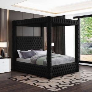 Queen Royal Black Canopy Velvet Bed