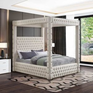 Queen Royal Cream Canopy Velvet Bed
