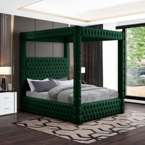Queen Royal Green Canopy Velvet Bed