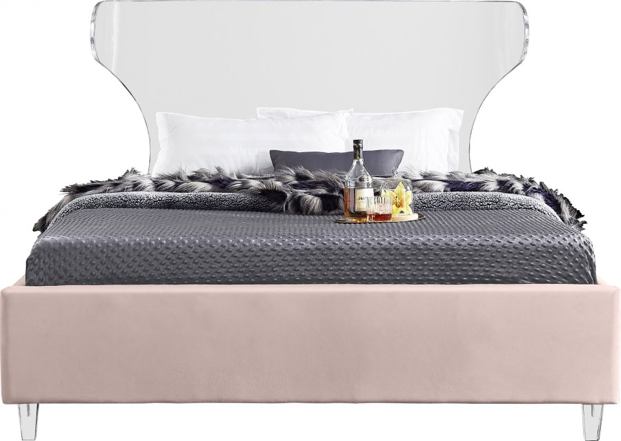 Queen Size Ghost Pink Velvet Bed - Image 2