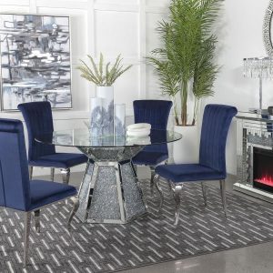 Quinn Blue 5-piece Round Glass Top Mirrored Dining Set