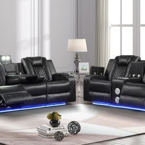 6088 Leather Power Reclining LED Sofa Set with Bluetooth Speakers