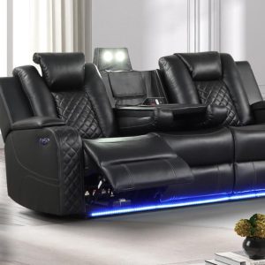 6088 Black Leather LED Power Recliner Sofa
