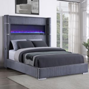 Tisdall Grey Upholstered California King Flame Visualizer Bed