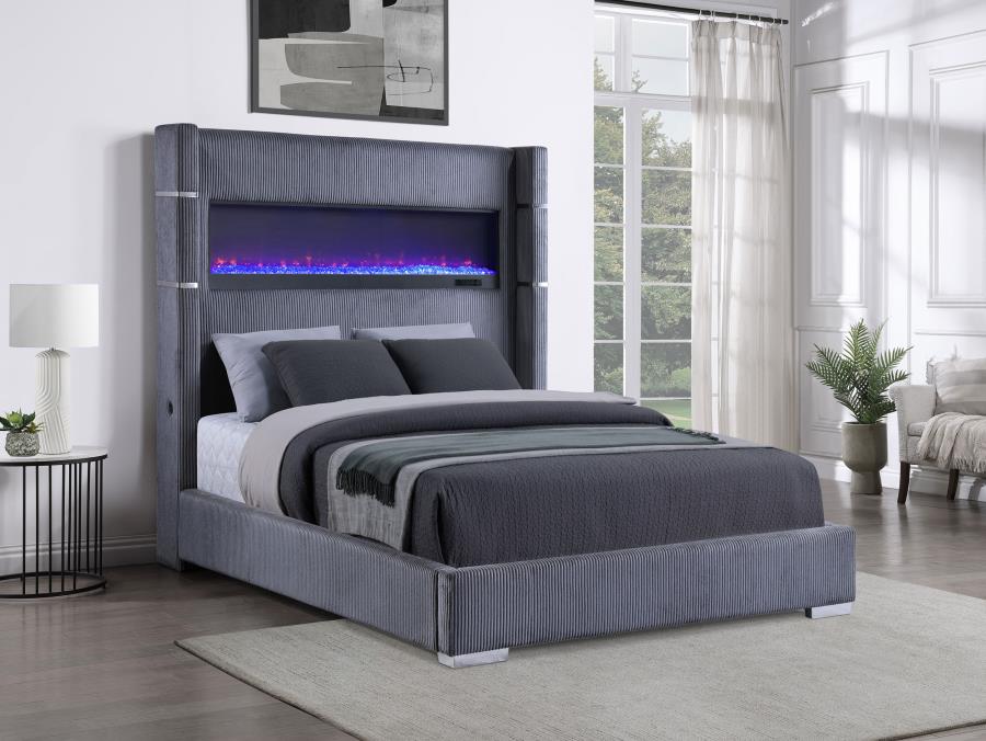Tisdall Upholstered Grey Queen Flame Visualizer Bed
