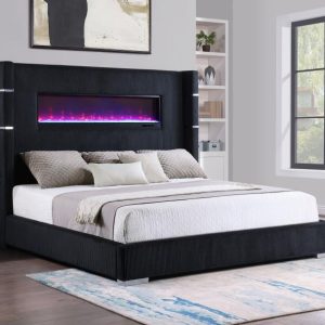 Tisdall Black Upholstered Queen Flame Visualizer Bed
