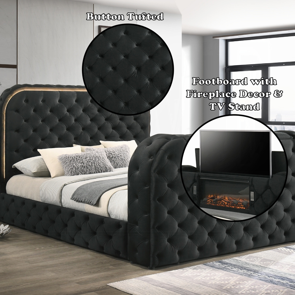 Kana Black Eastern King Bed w/LED, Fireplace & TV Stand - Image 3